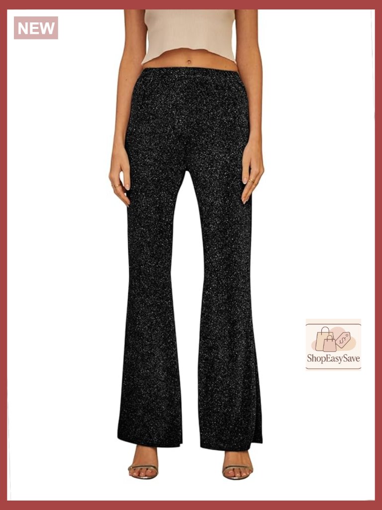Bell Bottom Pants For Women Elastic Waist High Rise Sequin Sparkly Flare